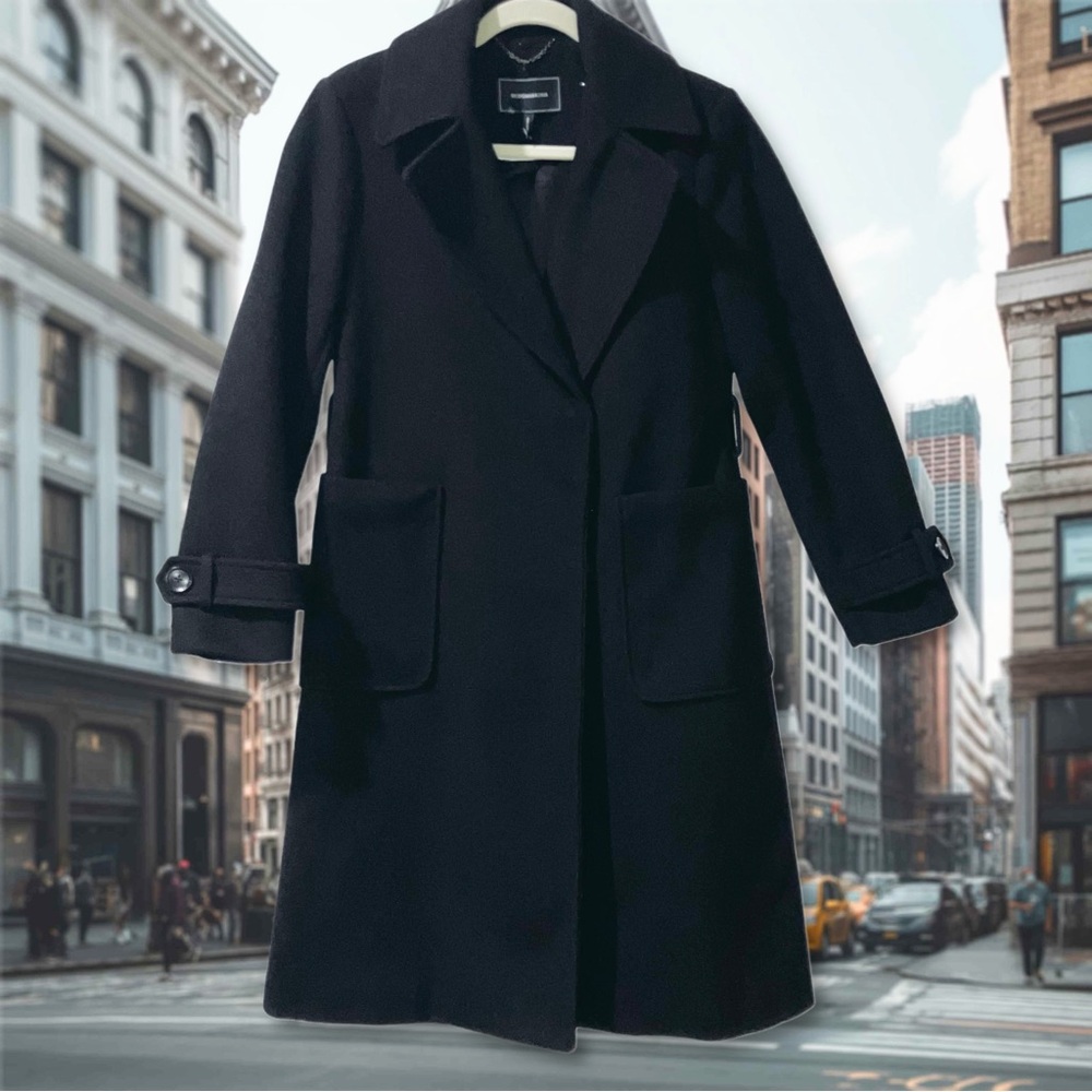 BCBG Max Azria Cozy Black Long Peacoat Trenchcoat Classic Luxury XS